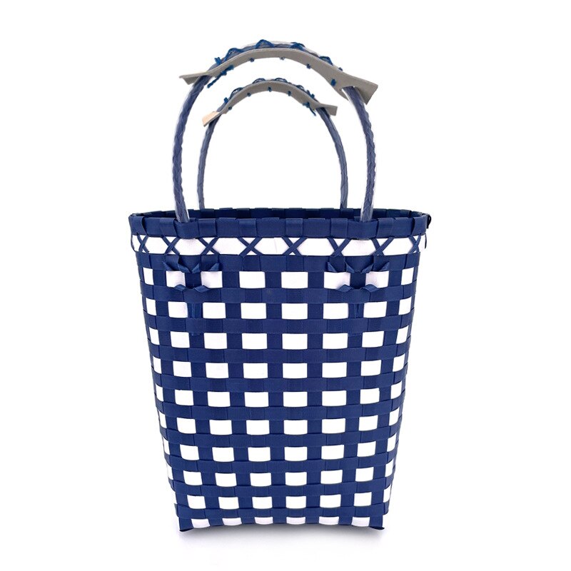 Cesta de Picnic tejida a mano de estilo japonés, bolsa de cesta de verduras tejida de plástico, bolsa de playa de mano, cesta Multicolor a cuadros, novedad: Blue