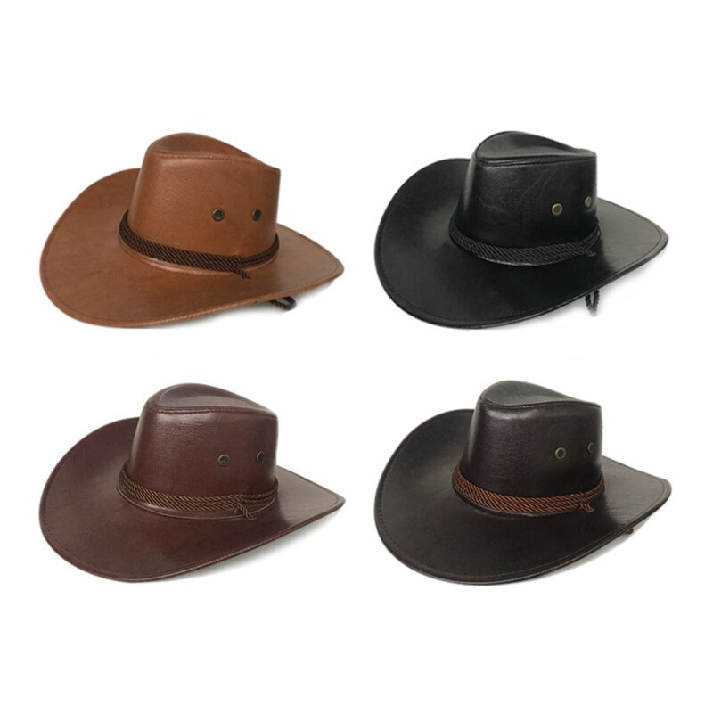 Wide Brim Solid Color PU Leather Cowboy Hat Caps For Gentleman Casual Travel Fancy Party Male Female Cowgirl Hats Cap