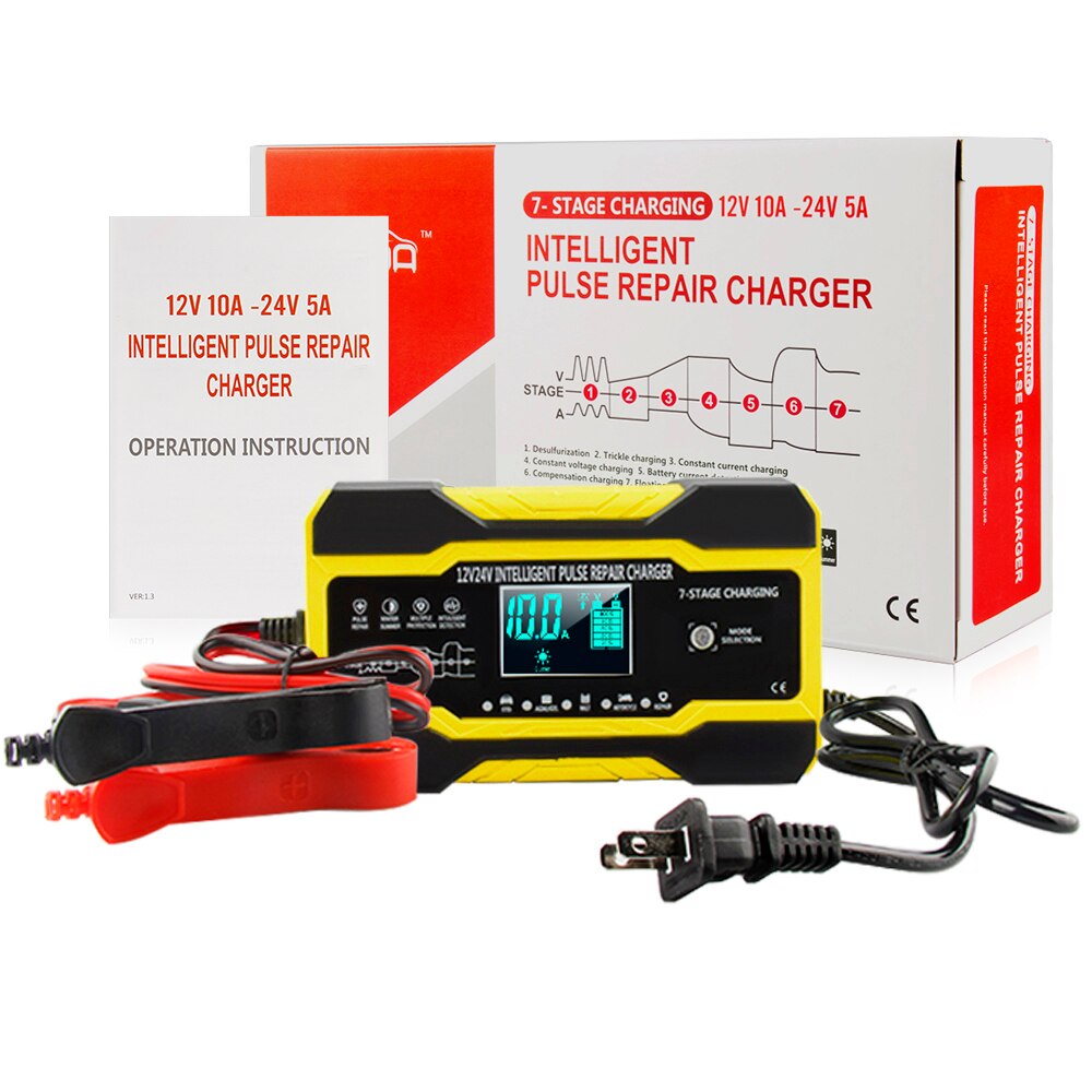 Full Automatic Car Battery Charger 12V 10 A 24V 5A Pulse Repair LCD Display Smart Fast Charge Deep Cycle GEL Lead-Acid Charger