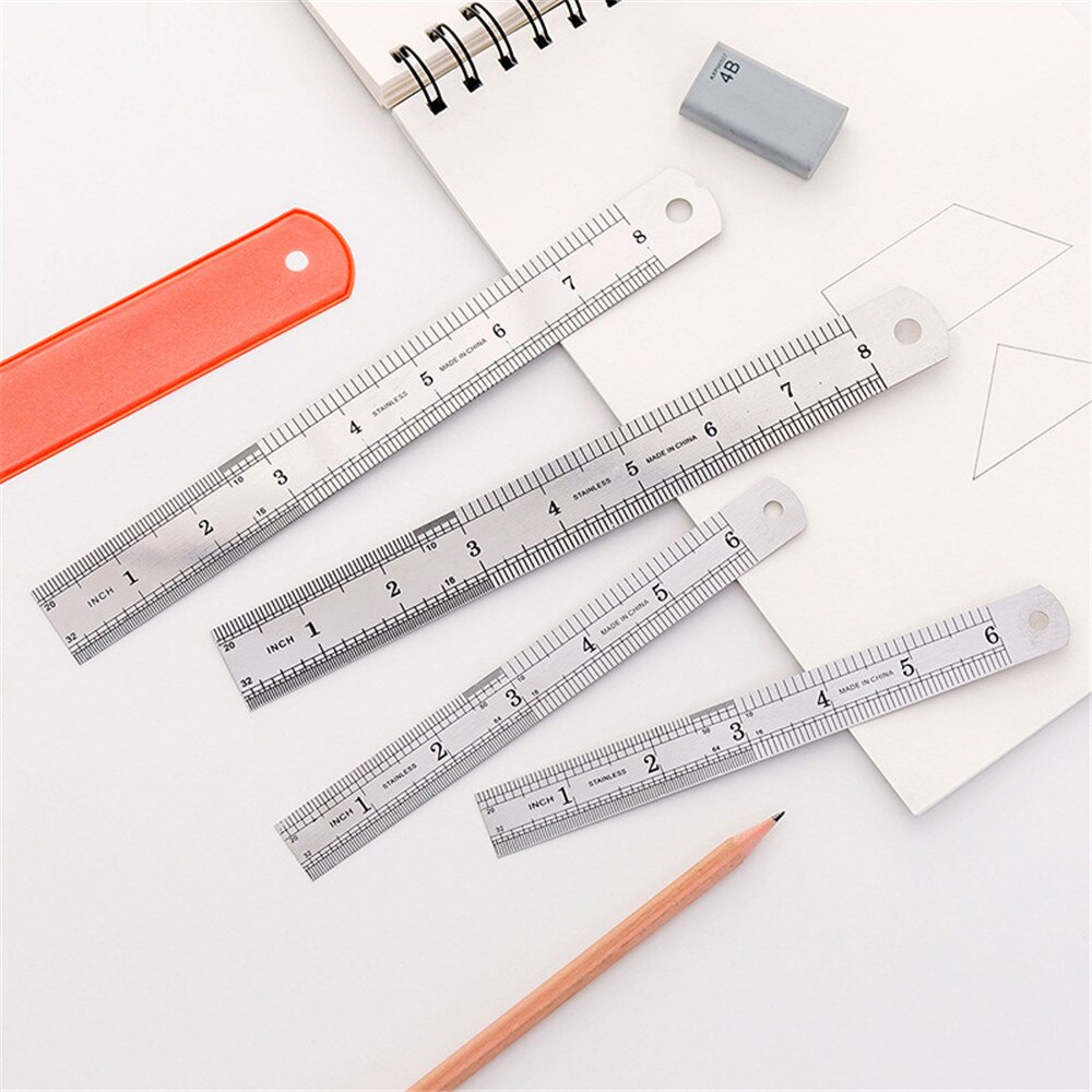 2Pcs Double Side Schaal Metalen Liniaal Precisie Roestvrij Stalen Rechte Ruler Meten School Office Tekenmaterialen 0.5Mm