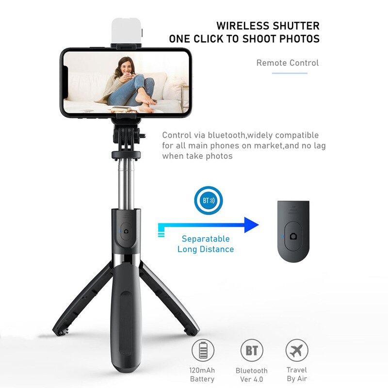 4 in 1 bluetooth-selfie-stick mit led-fülllicht, faltbarem stativ für smartphone-kamera, kabellosem, ausziehbarem monopod-selfie-stick
