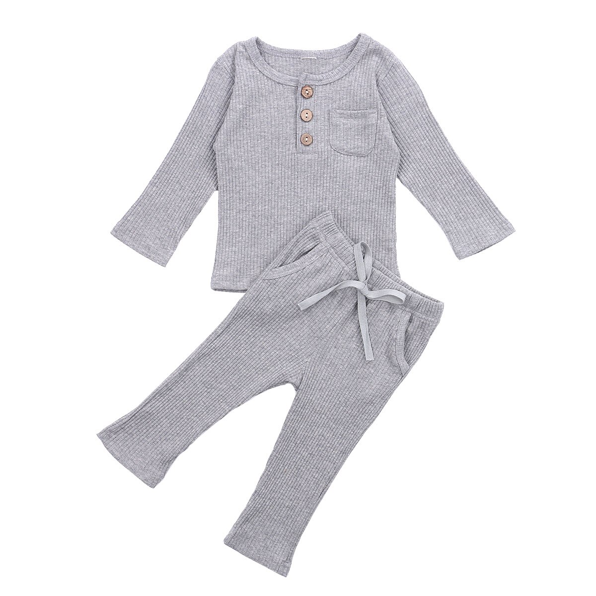 Focusnm 0-5y outono inverno crianças meninas meninos sleepwear define sólido malha manga comprida pulôver tops calças 3 cores: Cinza / 5T