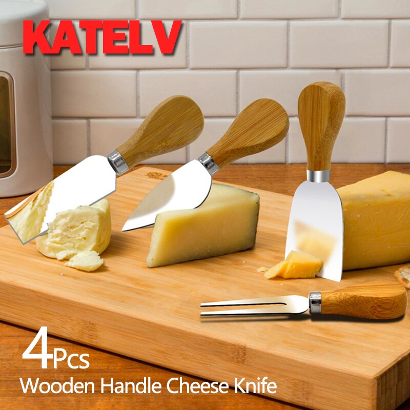 4Pcs Cheese Knives Set Stainless Steel Cheese Knives Oak Bamboo Handle Cheese Slicer Cutter Butter Knife Spatula Mini Knife Tool
