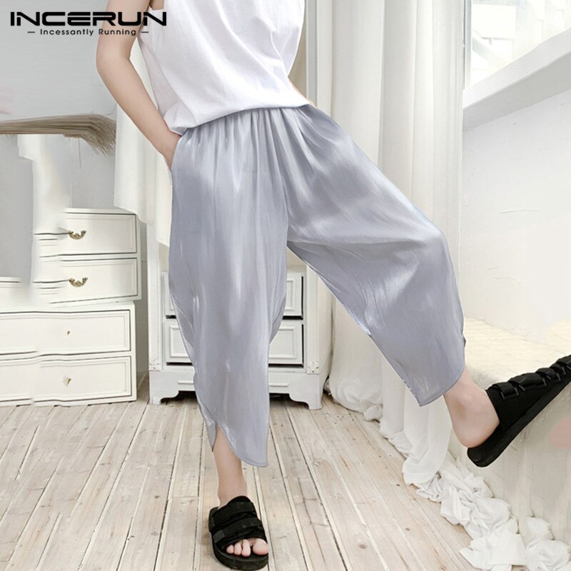 Incerun mænd afslappede løse bukser sommer joggers streetwear faux silke tynde bukser åndbare solide smarte pantalones hombre