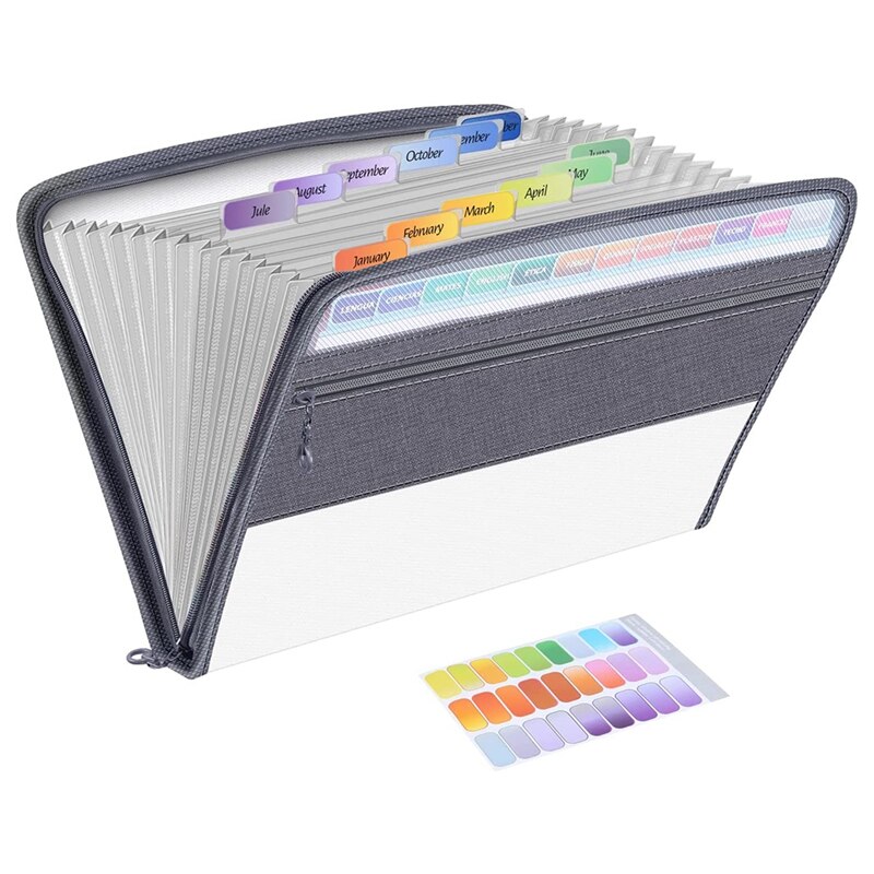 13 Pocket File Folder Storage Rack,File Box Storage Bag,with Zipper, Suitable for A4 Paper, Banknotes,Document Receipt: black white