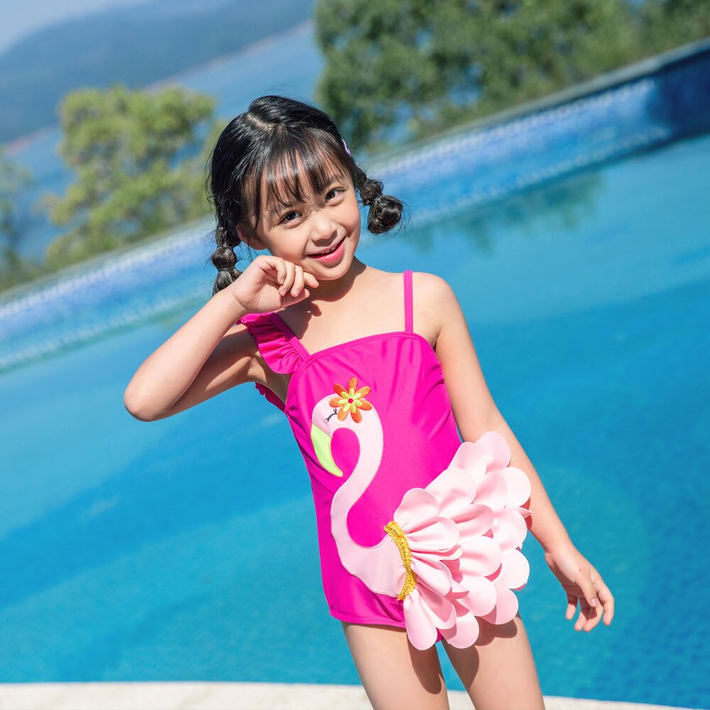 Girls One Piece Swimwear Sleeveless Birdie Three-Dimensional Printing Frilled Beach Swimsuit with Swim Cap Pink Bathing Suit: S