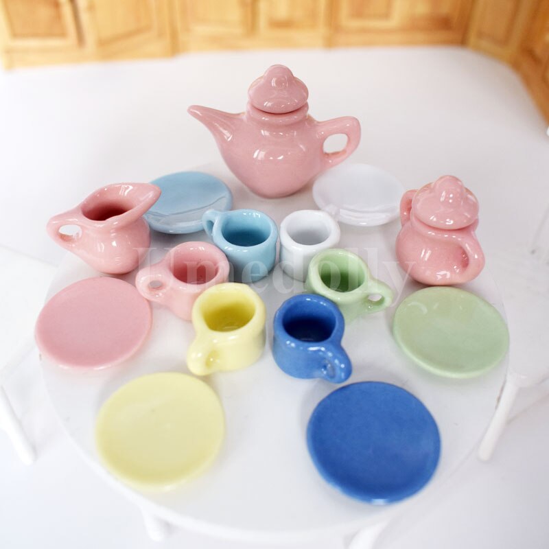 Cute Colorful 1/12 Dollhouse Miniature Porcelain Tea Cup Dish Sets Mini Teapot Pretend Play Kitchen Tableware Toy