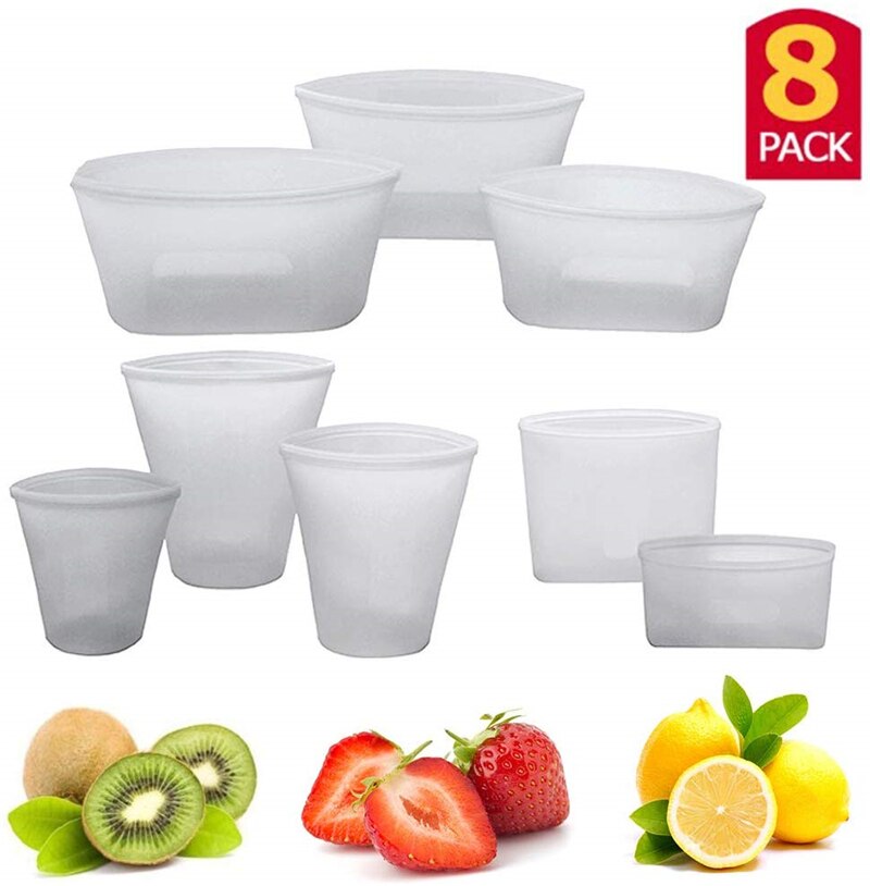 8 stk silikone frisk pose mad opbevaringsbeholdere sæt frisk skål kop taske genanvendelig stå op lynlåse taske frugt grøntsagskop arrangør: Dyb grå