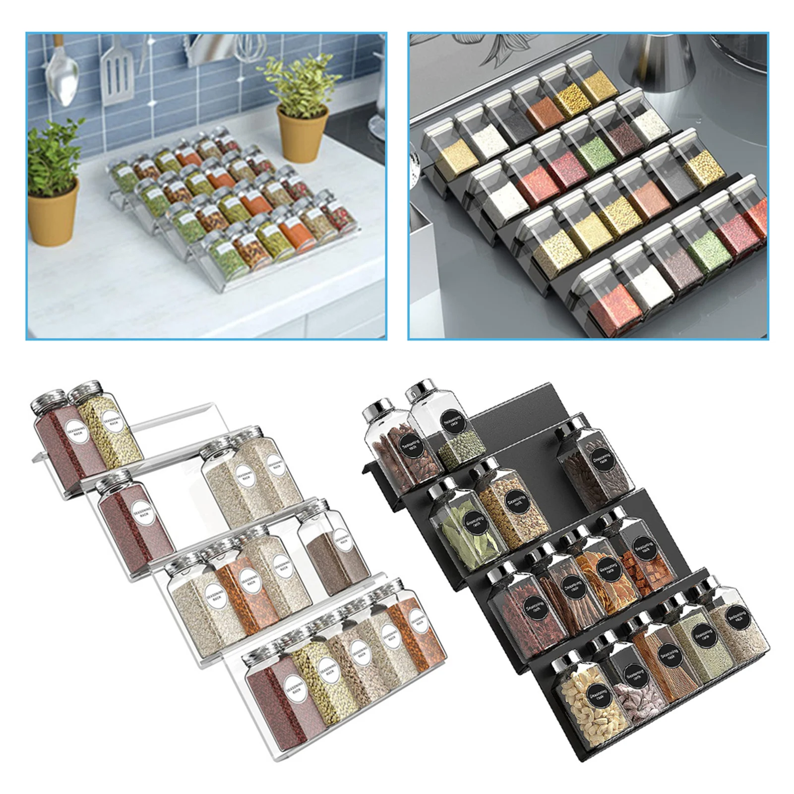 4 Layers Spice Drawer Organizer Adjustable Acrylic Spice Jars Rack Tray Expandable Seasoning Organizer Cabinet Kitchen Shelves