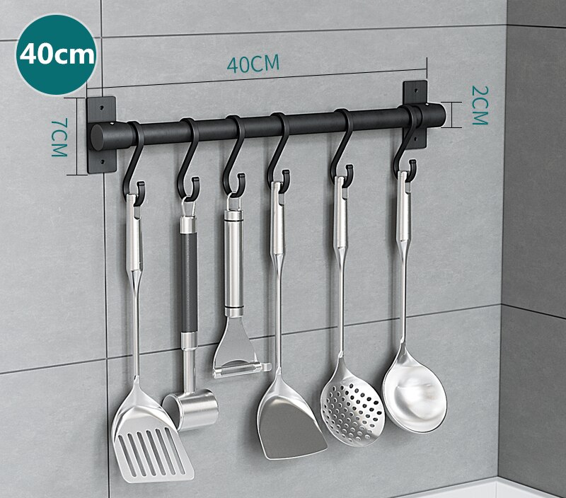 Aluminum Alloy Wall Mounted Kitchen Storage Rack Dish Drainer Plate Drying Pot Cover Cutlery Holder Pantry Oragnizer Accessories: 40cm Rod(6 Hooks)