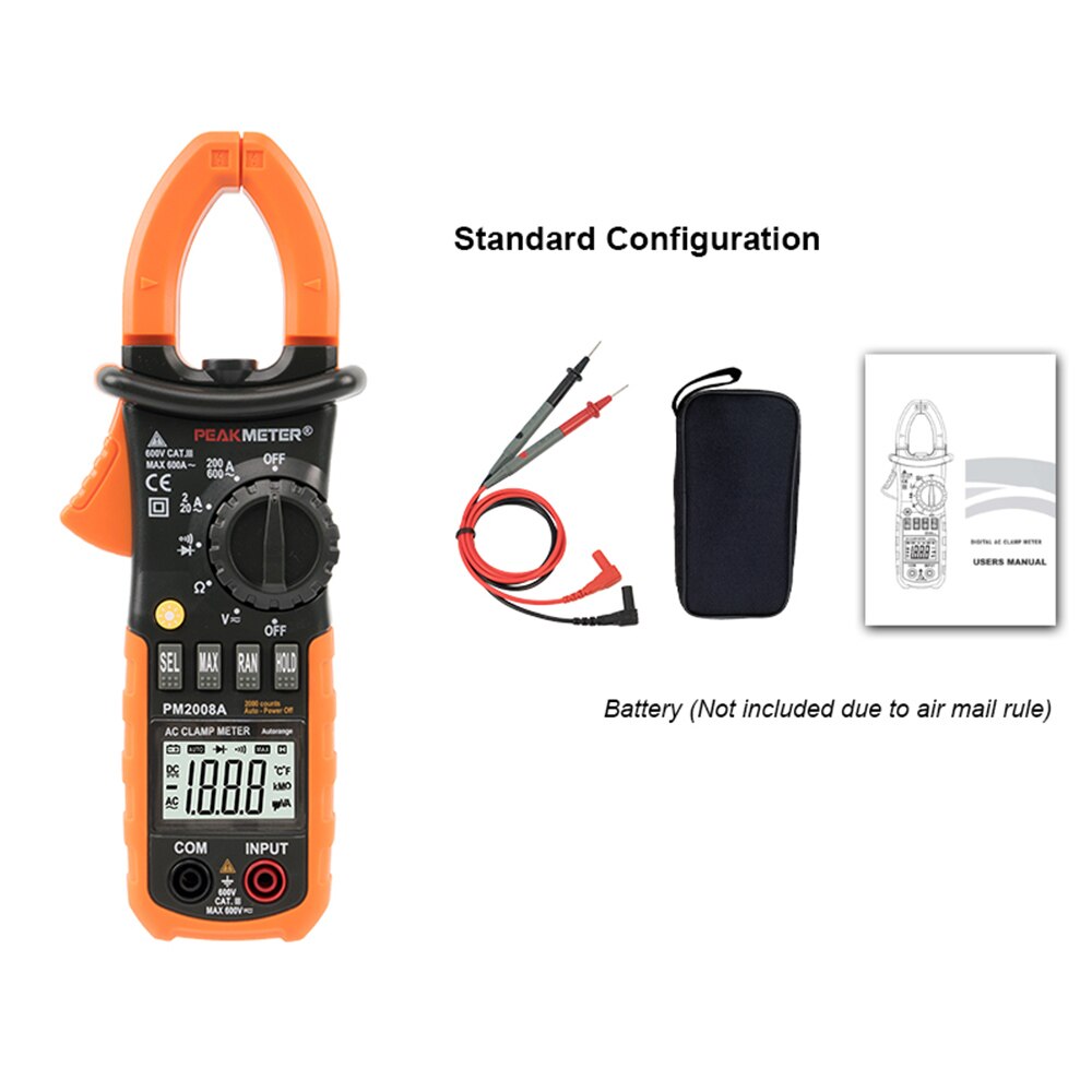 PEAKMETER PM2008A Digital Clamp Meters Auto Range Clamp Meter Ammeter Voltmeter Ohmmeter W/ LCD Backlight Current Voltage Tester