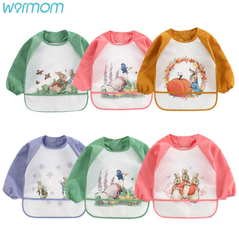 Warmom Leuke Cartoon Slabbers Waterdichte Baby Eten Bib Pocket Kinderen Tekening Lange Mouwen Schort Kids Burp Doek Baby Spullen