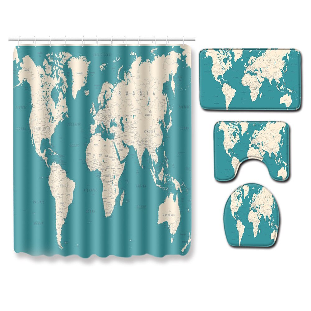 Classic World Map Pattern Shower Curtain Printing Bathroom Curtain Shower Wall-mounted Map Curtain World Map Shower Curtain