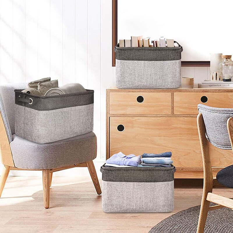 Storage Basket Bin , Large Cube Storage Box Linen Fabric Built-in Soft Lining Foldable Organizer with Handles