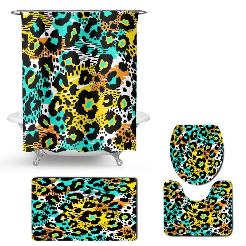Leopard Print Animal Bathroom Set Toilet Lid Cover Bath Rugs Carpet Waterproof Shower Curtain with Hooks 4pcs Shower Curtain Set: Color-7
