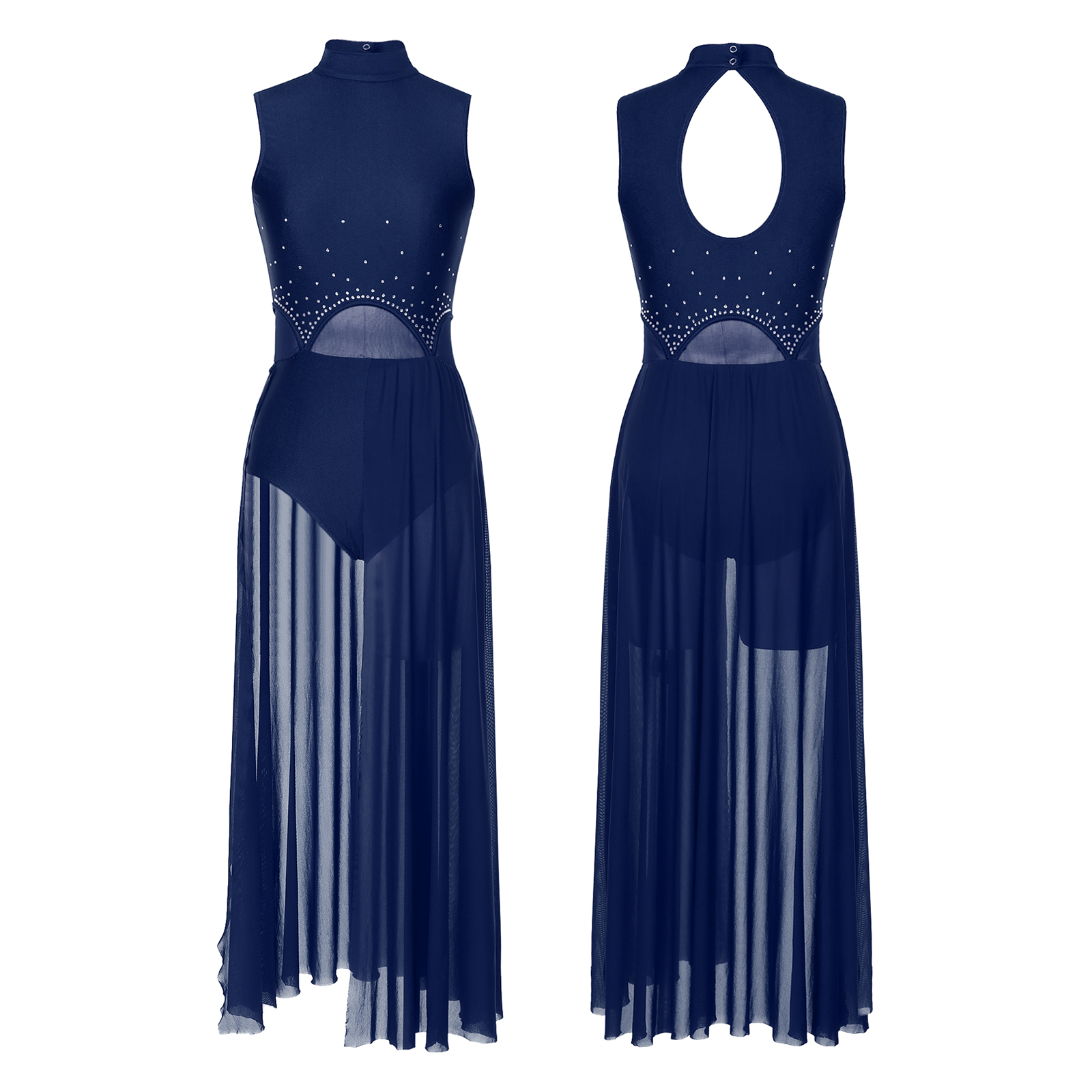 Women Sleeveless Contemporary Lyrical Dance Leotard Dresses High Split Sheer Mesh Skirted Ballet Gymnastics Bodysuit Dancewear: M / black