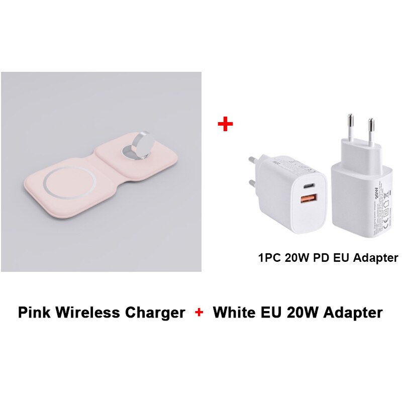 2-in-1 Wireless Charging Station for iPhone & Apple Watch - Magsafe Compatible: Pink with White EU Adapter