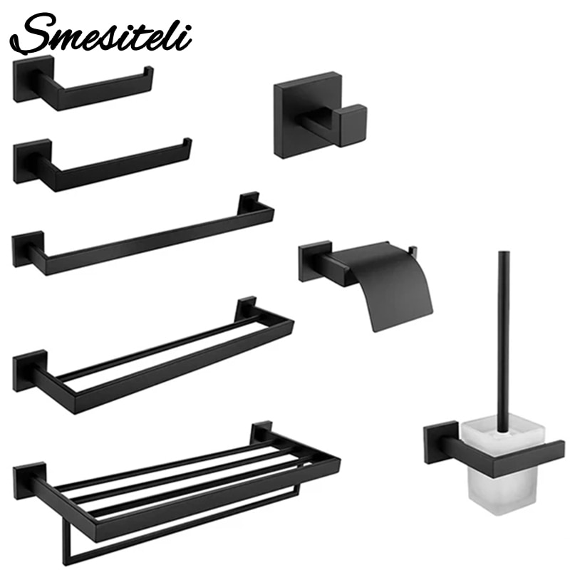 Black Bathroom Hardware WC Accessories Toilet Paper Holder Wall Hook Towel Bar Robe Hanger Rack Stainless Steel Organizer