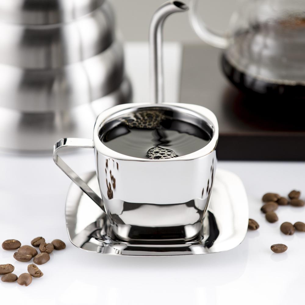 Topklasse dobbeltdæk rustfrit stål espresso kaffekop underkop sæt håndtag dobbeltlag tekopper firkantet metal xicara copo taza lys