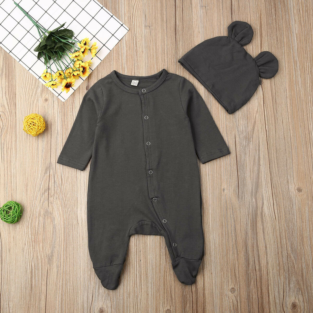 0-12M Pasgeboren Footies Kleding Set Baby 2 STUKS Baby Baby Jongen Meisje Katoen Jumpsuit + Hoed Outfit set