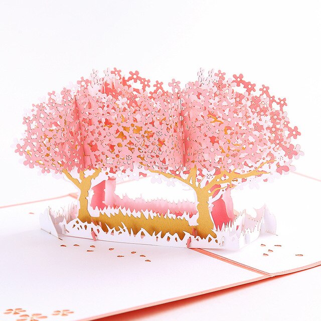 1pcs 3d Pop-up Cards Girlfriend Lover Valentine Birthday Double Sakura Fllower Tree Cards Wisteria Tree Cards: Pink