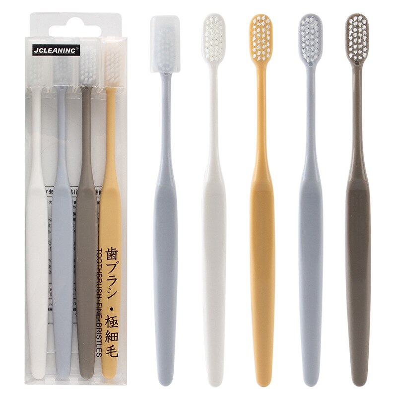 Muji-style-cepillo de dientes de Color plateado para el cabello, paquete de 4 unidades, Color liso japonés, cerdas suaves, carbón de bambú con funda no daña las encías