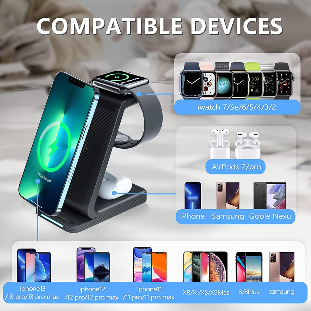 3 In 1 Draadloze Oplader Stand Voor Iphone 13 12 11 Xr 8 Apple Horloge Qi Snel Opladen Dock Station voor Airpods Pro Iwatch 7 6