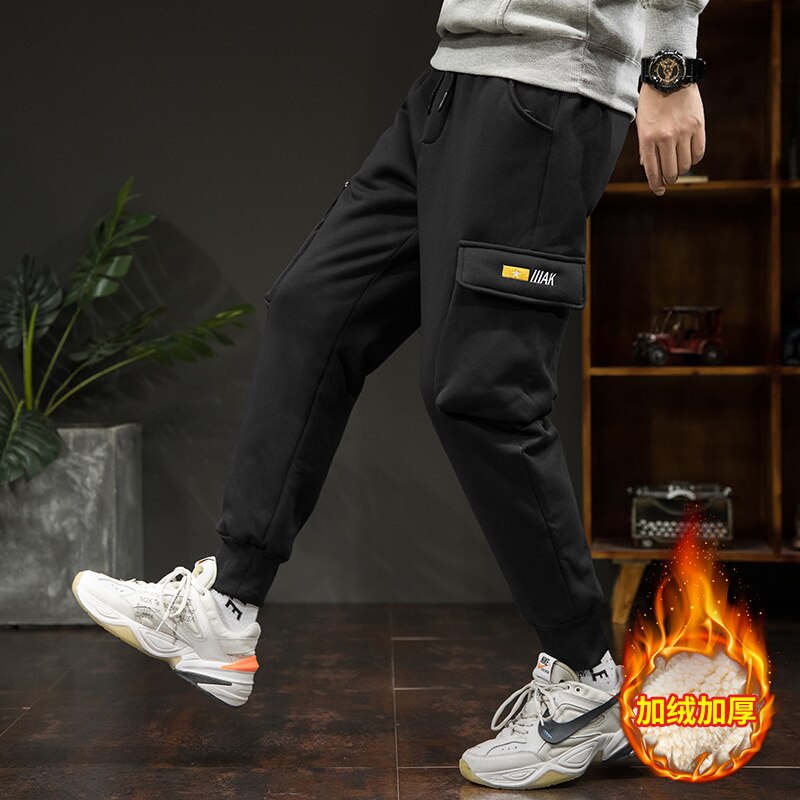dicke Vlies Jogger Herren Hosen Baumwolle Schlauch Männlichen Winter Warme Samt Jogginghose Trainingsanzug Jogger Herbst Winter M-4XL: Schwarz / M