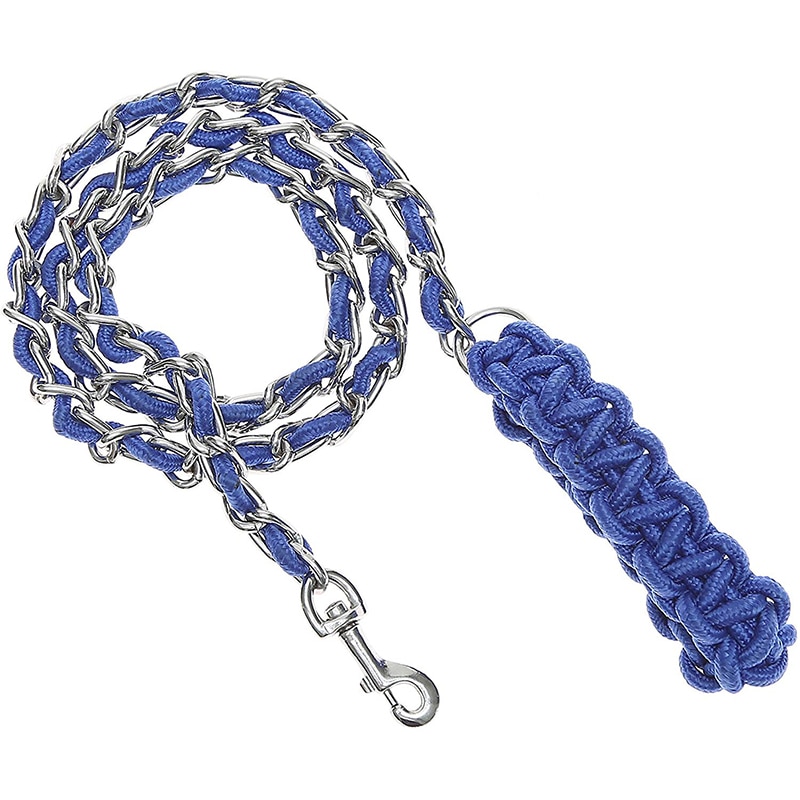 Benepaw Heavy Duty Metal Chain Dog Leash Soft Anti Bite Nylon Braided Handle Pet Lead Training Rope Leads For Medium Big Dogs: Blue