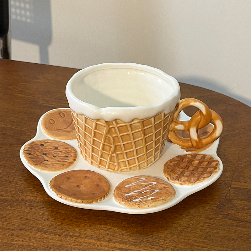 Cute Ceramic Biscuits Mug Coffee Cup Breakfast Cup Plate Tableware Afternoon Tea Cup Dessert Plate Water Cup Set