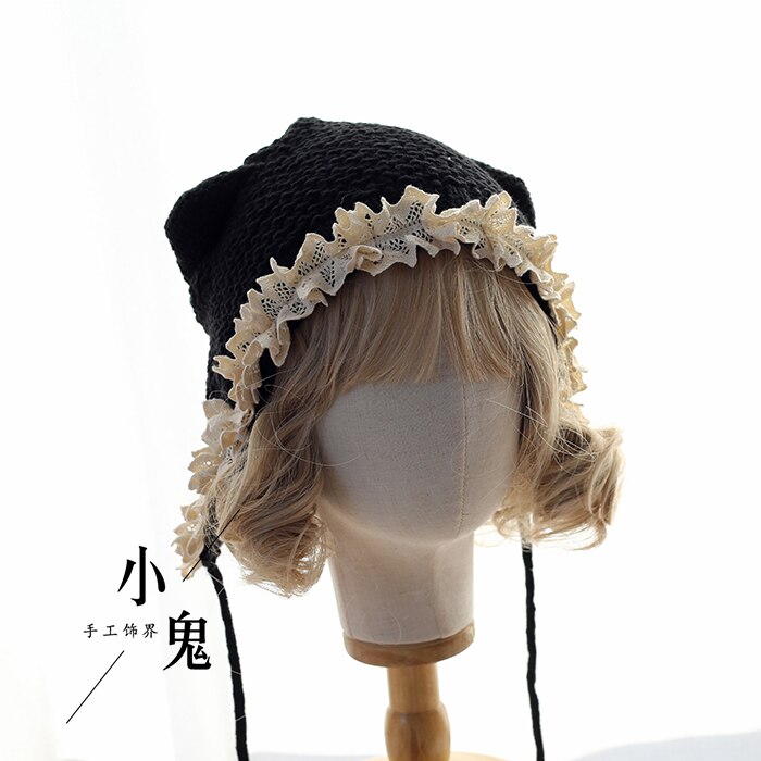 Lindo gato japonés orejas Lolita suave hermana gorro lana gorro niñas Otoño Invierno Kawaii sombrero de encaje atado cálido sombrero hecho a mano tocado: Black