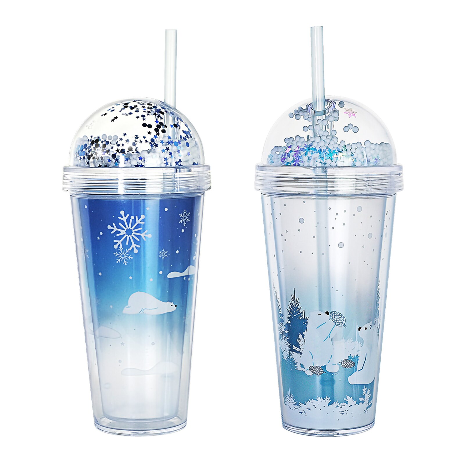 Stro Cup Double-Layer Glitter Met Ronde Cover Gemak Eenvoudige Polar Bear Patroon 420Ml Water Container Schoon