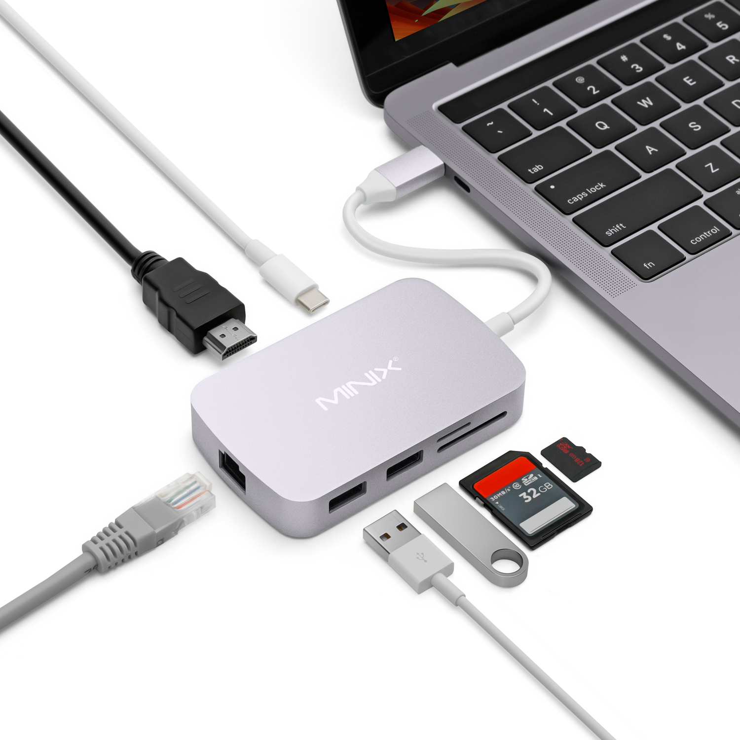 MINIX USB-C Hub kleine Type-c dockingstation met VGA/HDMI/USB 3.0/Type-c voor opladen/kaartlezer, internet NIC