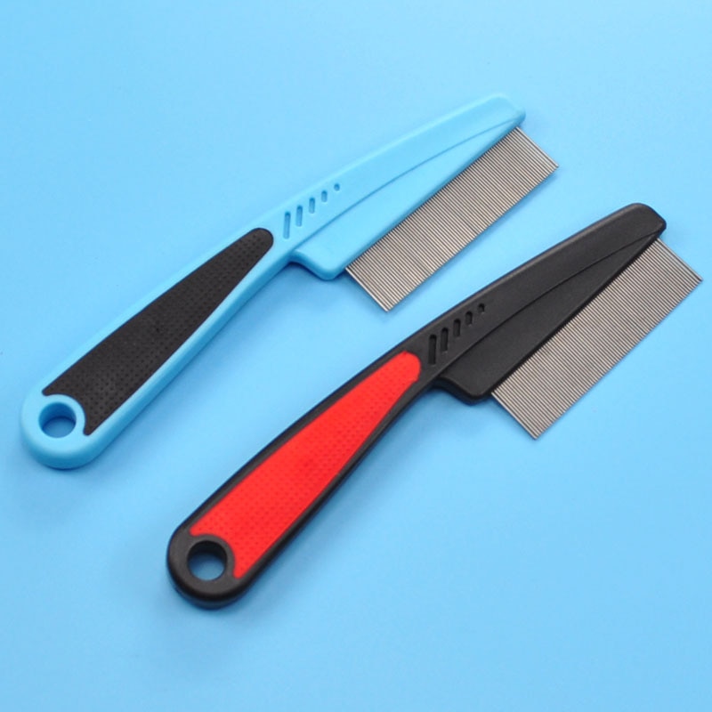 Cepillo de acero inoxidable para perros y mascotas, herramienta para quitar piojos de dientes densos, peine con mango de plástico, peines para mascotas