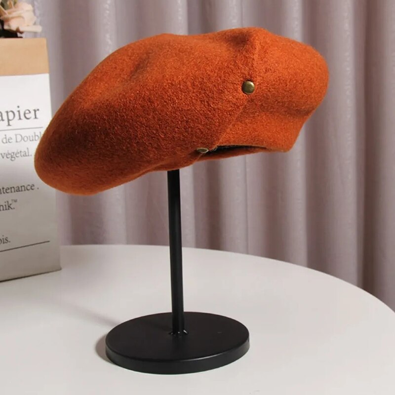 Women's Vintage French Artist Berets Soft Warm Woolen Metal Button Stylish Painter Beret Hats Cover Head Caps: Orange