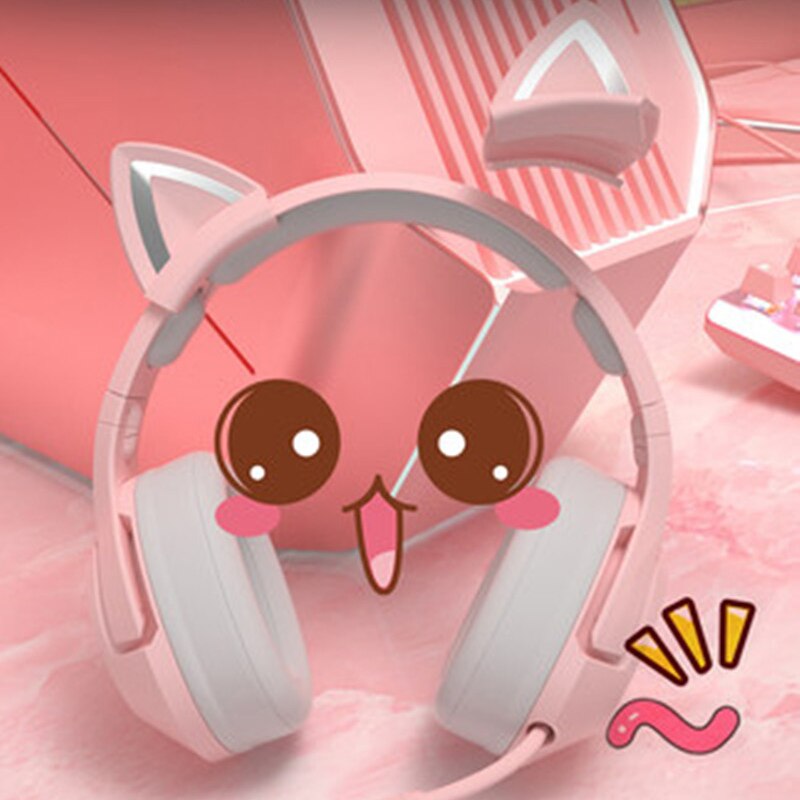 Product K9 Pink Cat Ear Cute Girl Gaming Headset With Mic ENC Noise Reduction HiFi 7.1 Channel RGB Wired Headphone