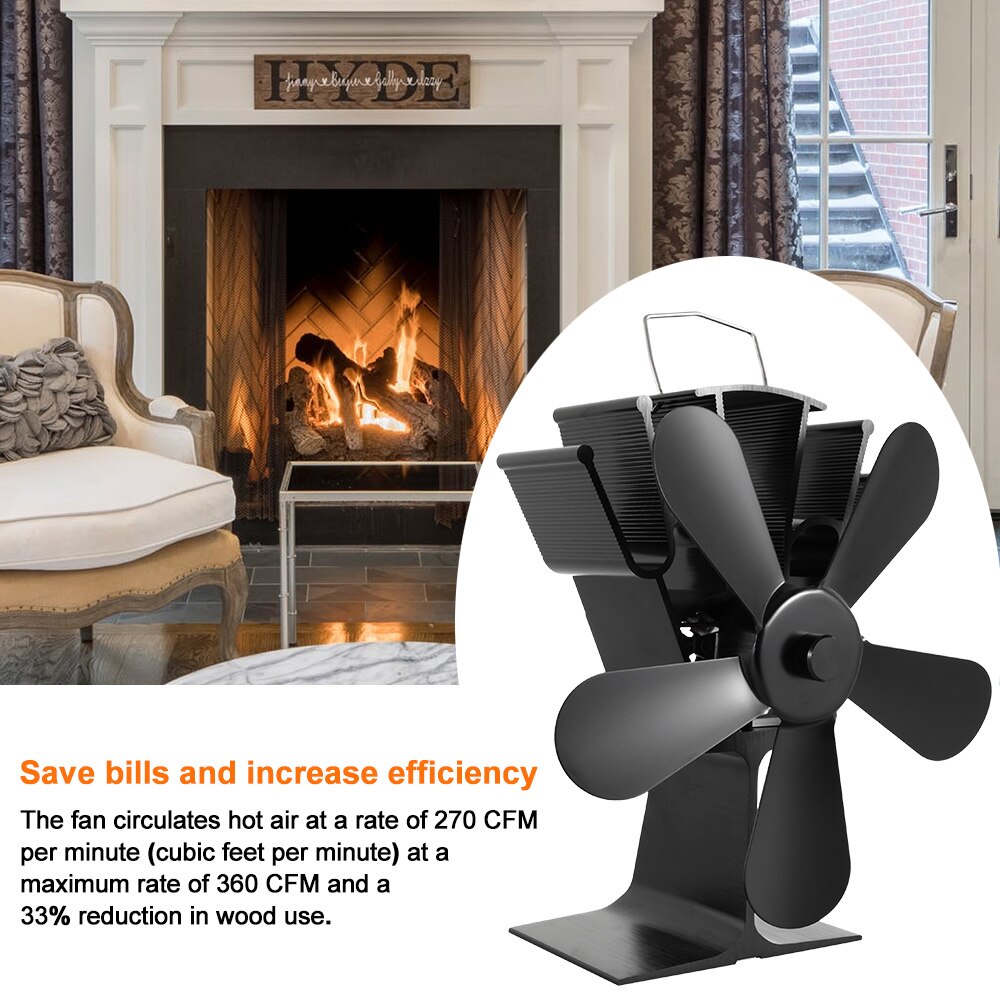 Cheminée noire cheminée pour poêle à 5 lames à chauffage, ventilateur et silencieux pour la maison, Distribution de chaleur efficace