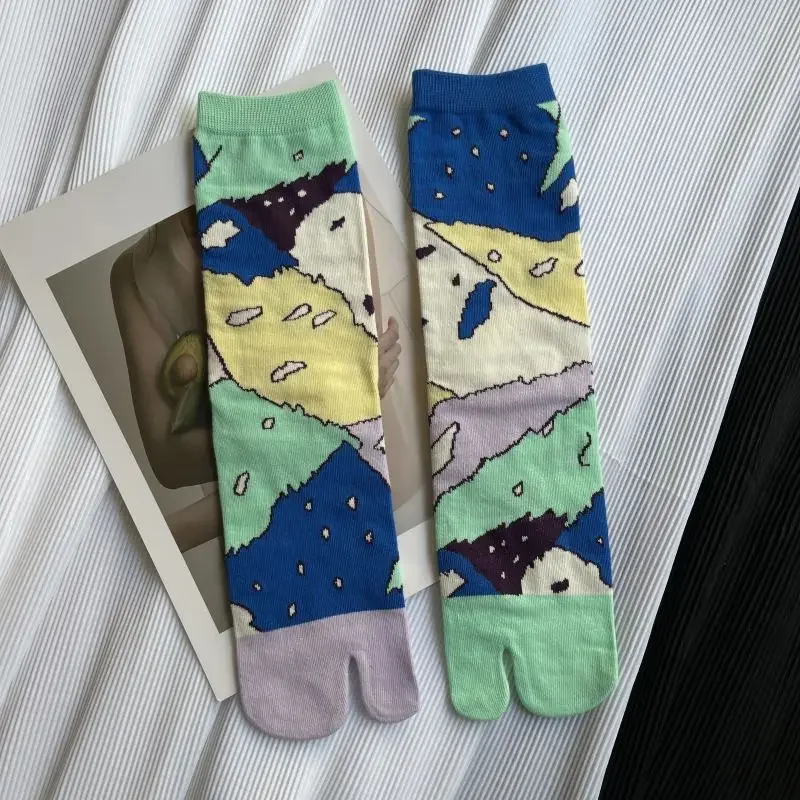 Colorful Cartoon Combed Cotton Women's Two Toe Socks Grapes Waves Carp Japanese Harajuku Funny Cute Sandals Tabi Socks Sokken: Light Yellow