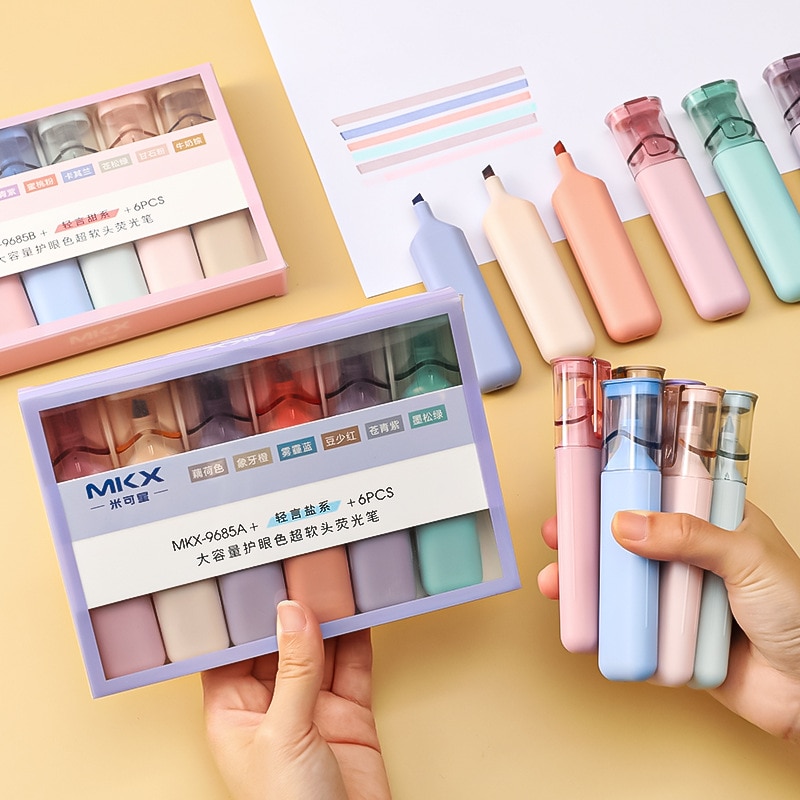 Stylos de papeterie Kawaii, 6 pièces, surligneur, sous-brayadores Fluorescentes, pour étudiants, grandes étiquettes de peinture, tête souple, fournitures de bureau