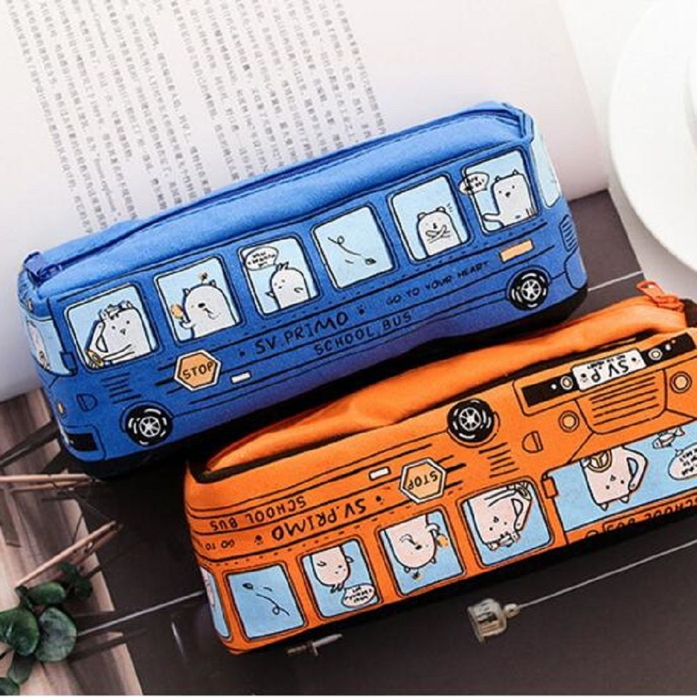 Canvas Pencil Case Popular School Bus Zipper Pencil Box Stationery Organizer School Supplies Durable Pen Bag For Kids