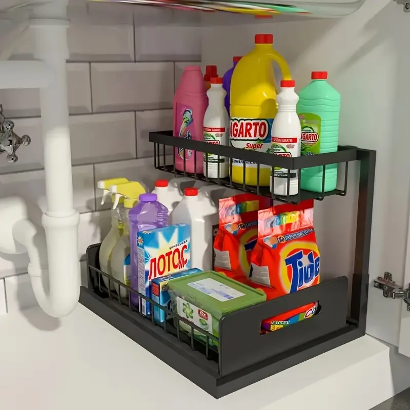 2-laags uittrekbare onder gootsteen organisator schuiflade mand kast opbergrek organisator voor badkamer keuken opslagplanken: Light Grey