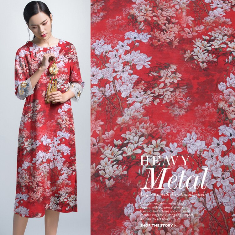 Custom Printed Linen Silk Fabric Mulberry Silk Clothing Cheongsam Dress Cloth for Sew Materiai Per Meter Summer