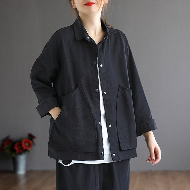 Vrouwen Lange Mouw Katoen Casual Jassen Herfst Vintage Stijl Turn-Down Kraag Losse Vrouwelijke Bovenkleding Jassen B1115
