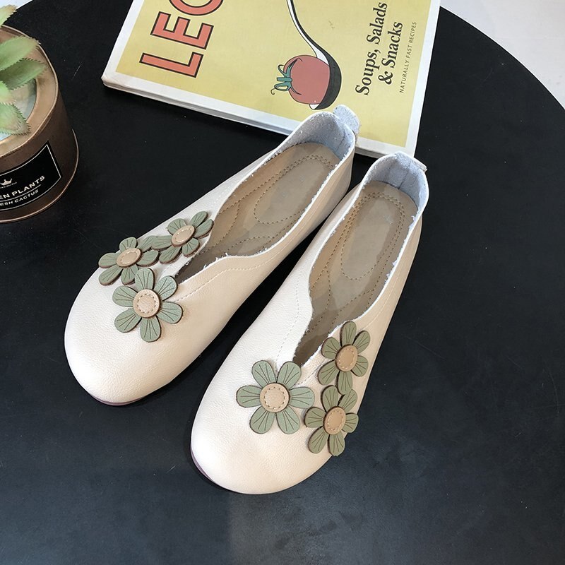 Lente Herfst Vrouwen Flats Bloem Slip Op Platte Schoenen Vrouw Bloemen Loafers Vrouwelijke Bootschoenen Oma Schoen Zapatos Mujer 8260N: Beige / 9.5