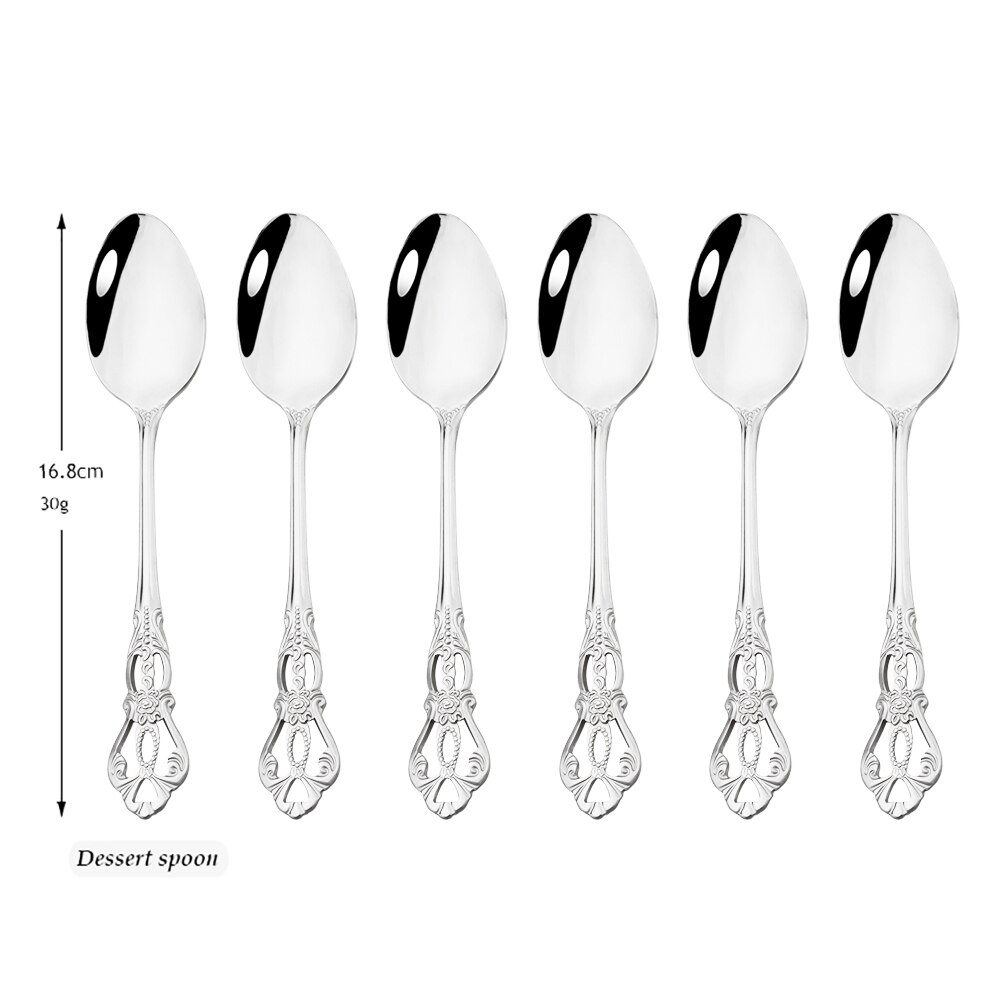 Drmfiy 6/30Pcs Silver Dinnerware Set Knife Dessert Fork Spoon Flatware Stainless Steel Cutlery Kitchen Silverware Tableware Set: 6Pcs Silver