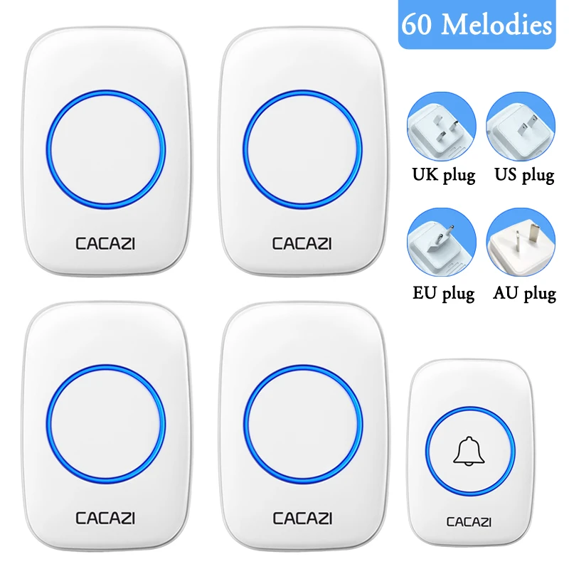 CACAZI 1 Geschmack 4 Empfänger Drahtlose intelligente wasserdichte Türklingel 300 Meter Reichweite LED-Licht Heimat Anruf Glocke uns EU UK AU Stecker: gräulich Braun / uns