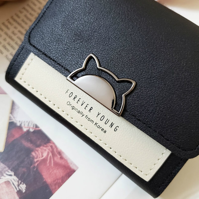 Tegnebøger kvinder kortholder søde panelerede korte pu læder kobling tegnebog chic ins mini pung damer kat koreansk stil taske