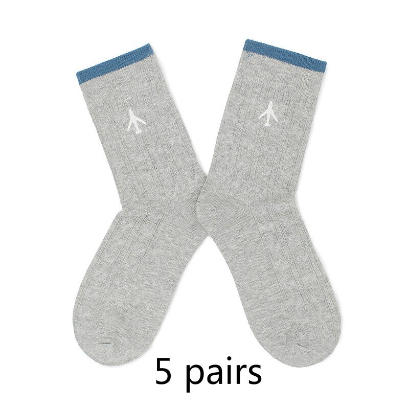 Embroidery Aircraft Airplane Women Men Business Dress Cotton Crew Socks Brand Novelty Funny White: 5 pairs grey socks