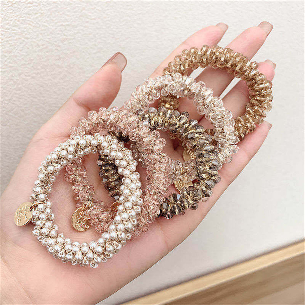 1 unidad de lazos para el cabello con perlas de cristal para mujer, coleteros elásticos hechos a mano con cuentas, accesorios para el cabello con cuerda para niña