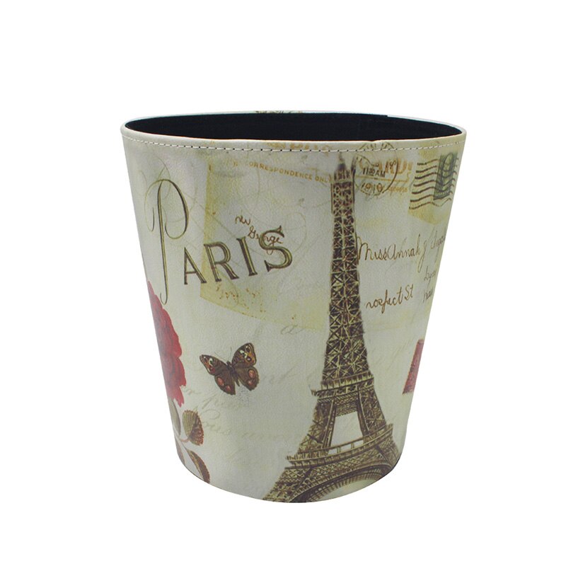 27cm Retro Wastepaper Basket PU Leather Bar Rubbish Bin Office Paper Basket Vintage without Lid Dustbin 8 Patterns: Eiffel Tower